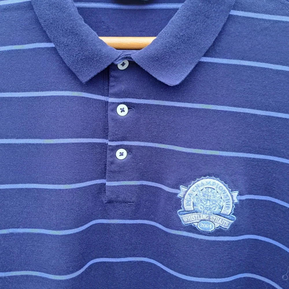 RALPH LAUREN Cotton Polo Golf Shirt  Long Sleeve Blue Striped Size LARGE
